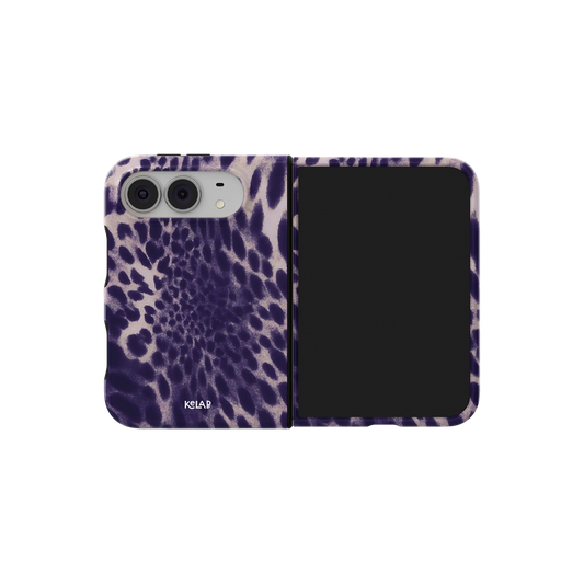 Purple Cheetah Print, Spiral Animal iPhone 18 Fold Case, unfolded side view showing the hinge