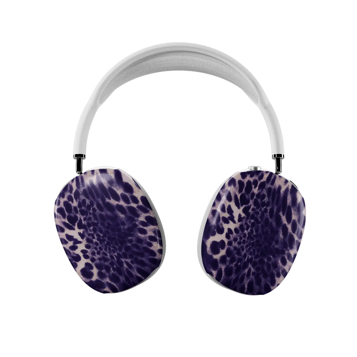 Purple Cheetah Print AirPods Max cover, front view showing both earcups covered