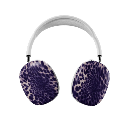 Purple Cheetah Print AirPods Max cover, front view showing both earcups covered