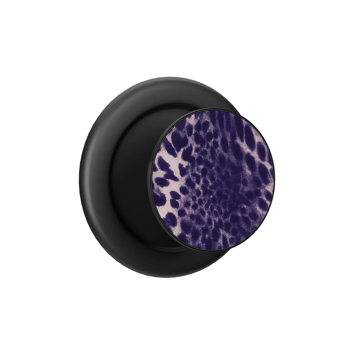 Wild Plum Purple Cheetah Print MagSafe phone grip, black grip color, expanded and standing open