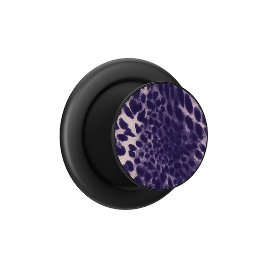 Wild Plum Purple Cheetah Print MagSafe phone grip, black grip color, expanded and standing open