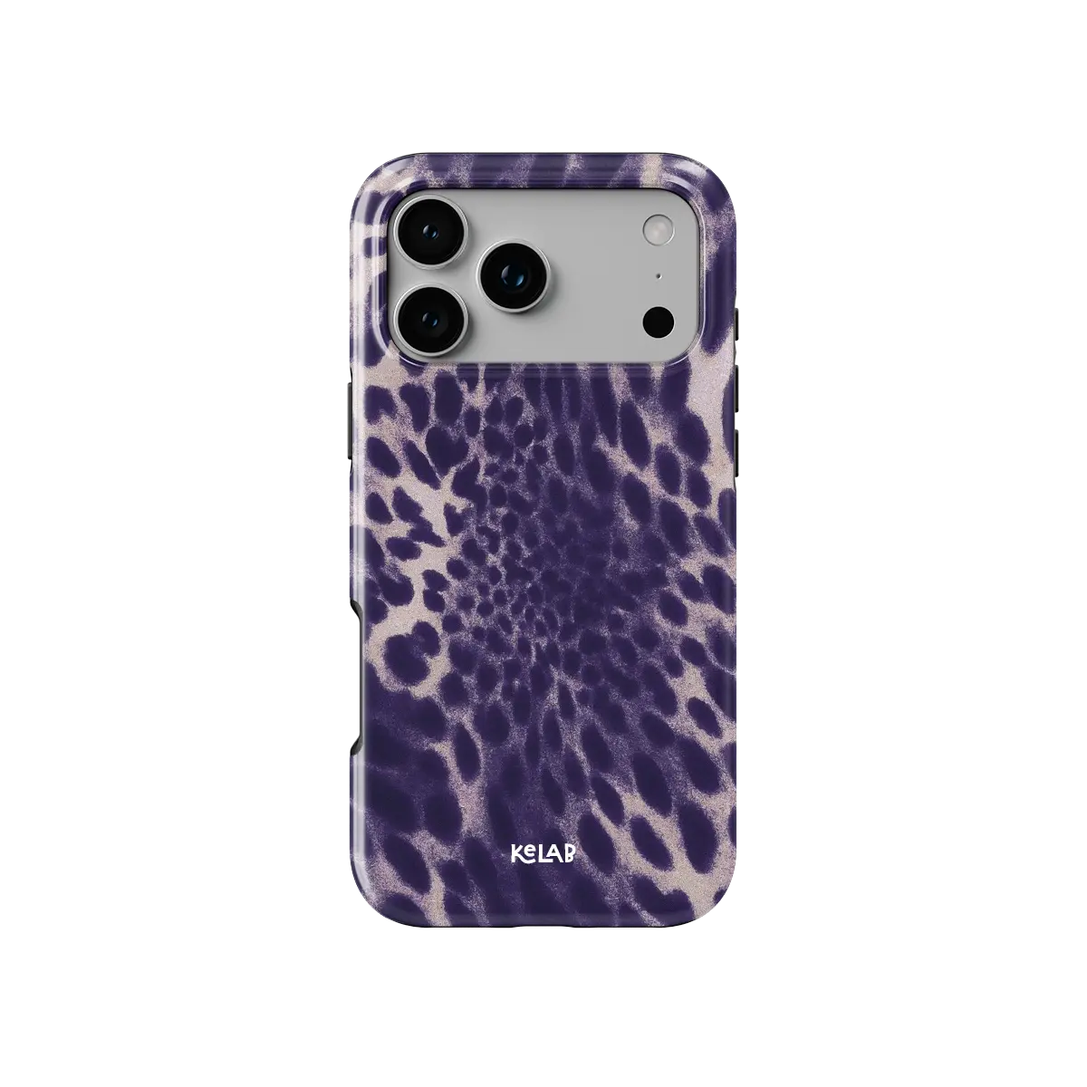 Purple Cheetah Print Tough iPhone case, back view showing the full camera cutout