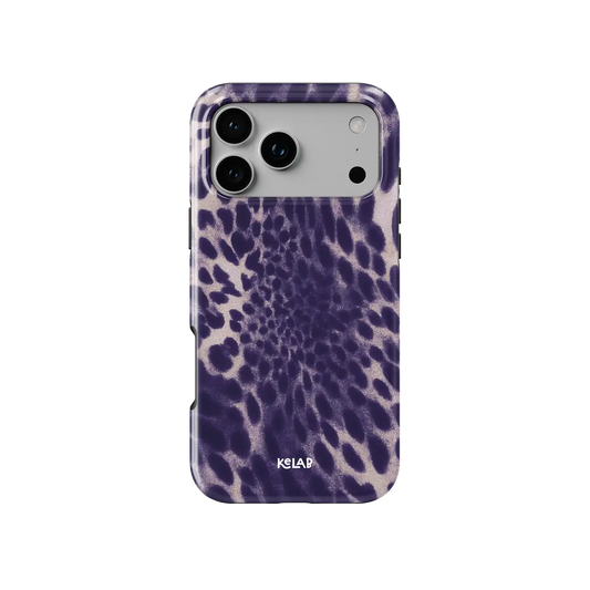 Purple Cheetah Print Tough iPhone case, back view showing the full camera cutout
