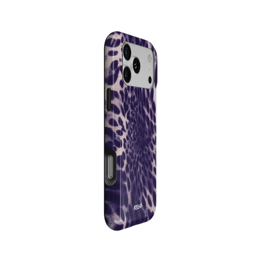 Purple Cheetah Print Tough iPhone case, side angle view with the pattern wrapped around the buttons