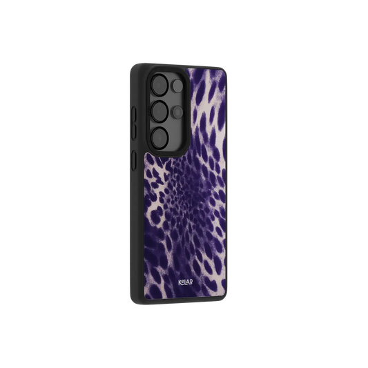 Purple Cheetah Print Samsung Galaxy case, side angle view with the pattern wrapped around the buttons
