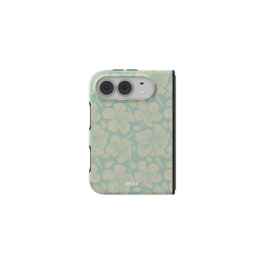 Green Hibiscus Floral, Tropical iPhone 18 Fold Case, unfolded front view