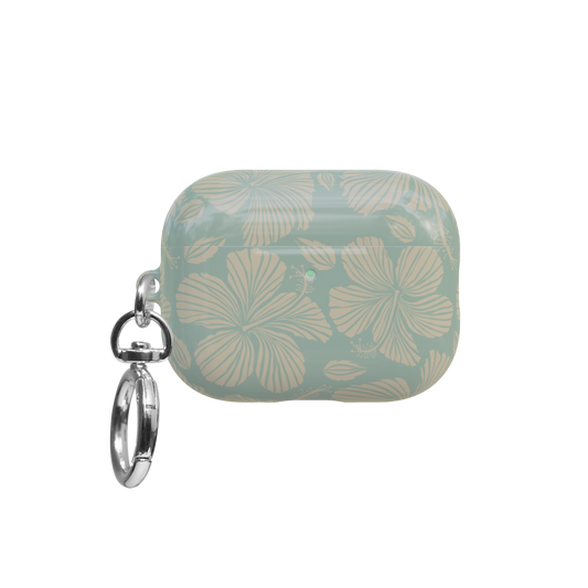 Green Hibiscus Floral airpods pro case front view with closed lid and keychain