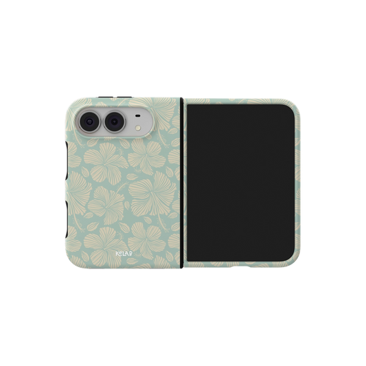 Green Hibiscus Floral, Tropical iPhone 18 Fold Case, unfolded side view showing the hinge