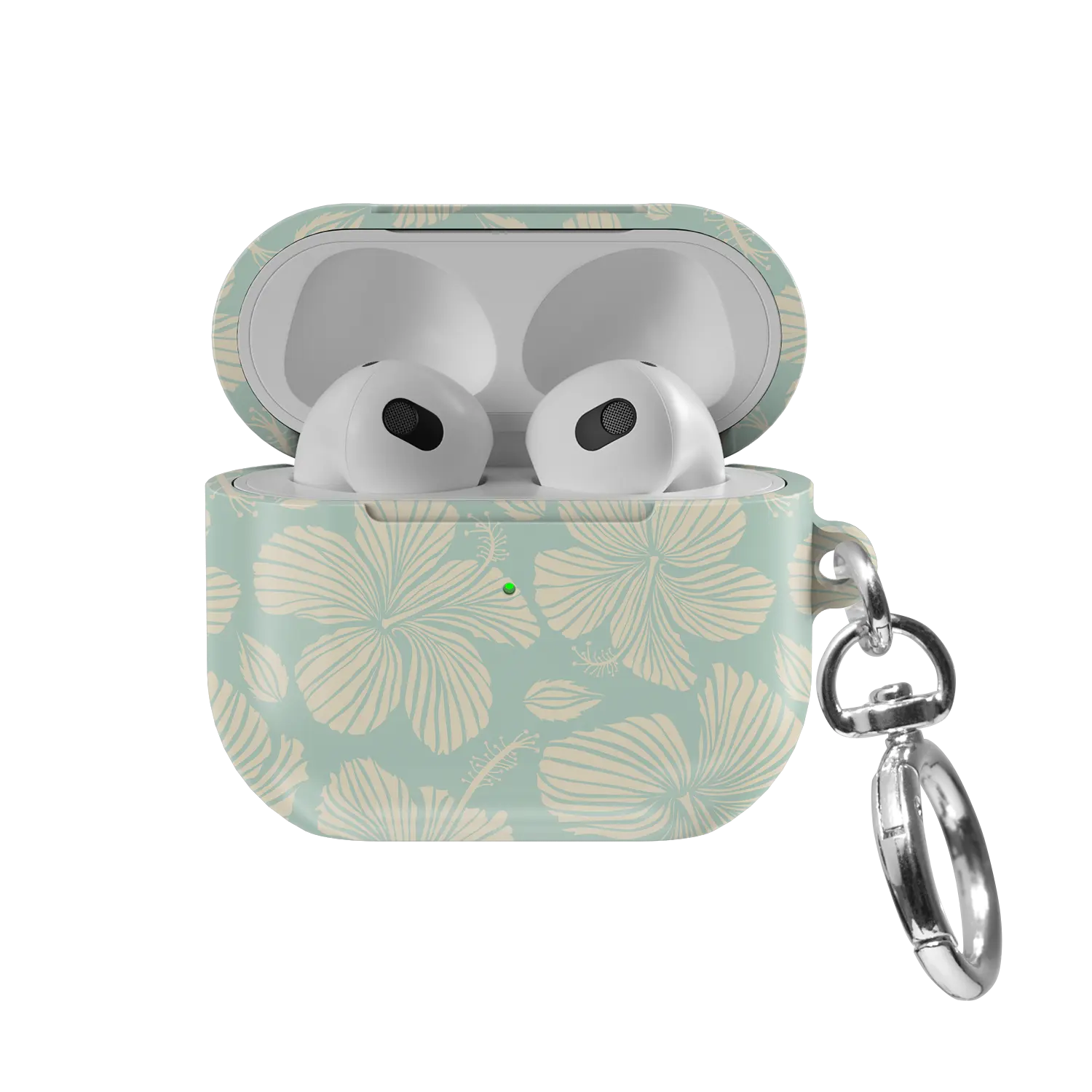 Island Mist | Green Hibiscus Floral AirPods Case - front view with open lid