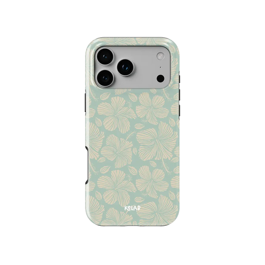 Island Mist green hibiscus floral iPhone case - tough - back view showing sage green hibiscus pattern