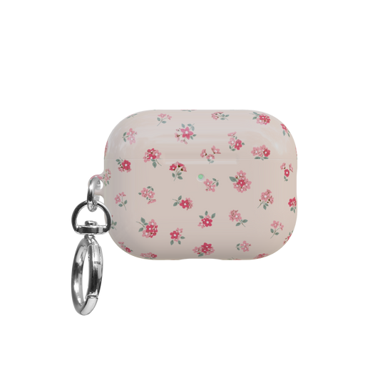 Pink Rose Ditsy Floral airpods pro case front view with closed lid and keychain