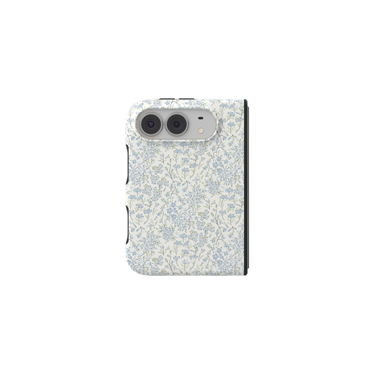 Blue Ditsy Floral, Liberty Print Dense iPhone 18 Fold Case, unfolded front view