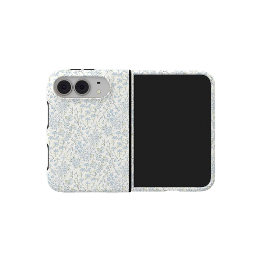 Blue Ditsy Floral, Liberty Print Dense iPhone 18 Fold Case, unfolded side view showing the hinge