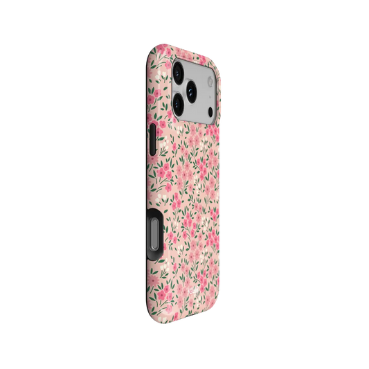 Garden Flush pink garden floral iPhone case - tough - side angle showing buttons and full wrap