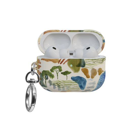 Watercolor Landscape airpods pro case front view with open lid and keychain