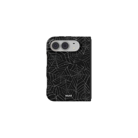 Spider Web, Gothic Black Cobweb iPhone 18 Fold Case, unfolded front view
