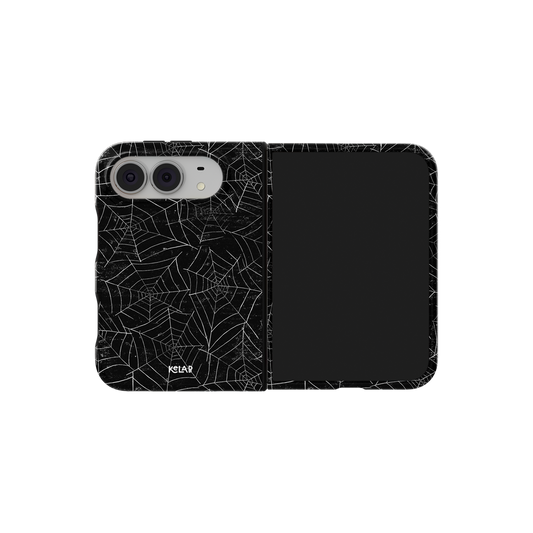 Spider Web, Gothic Black Cobweb iPhone 18 Fold Case, unfolded side view showing the hinge
