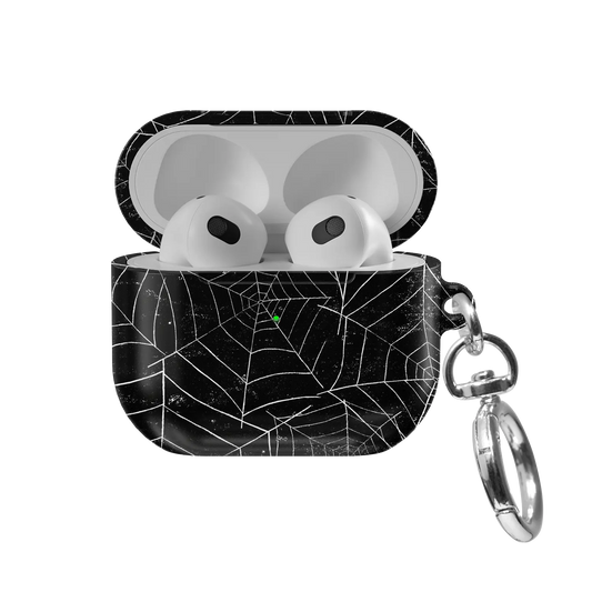 Black Spider Web AirPods Case, front view with lid open