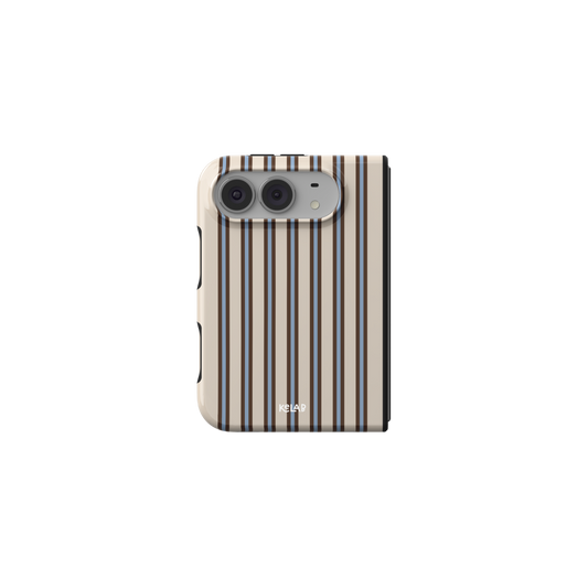 Beige Ticking Stripe, Preppy Oxford iPhone 18 Fold Case, unfolded front view