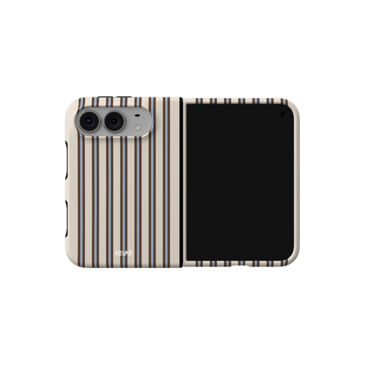 Beige Ticking Stripe, Preppy Oxford iPhone 18 Fold Case, unfolded side view showing the hinge
