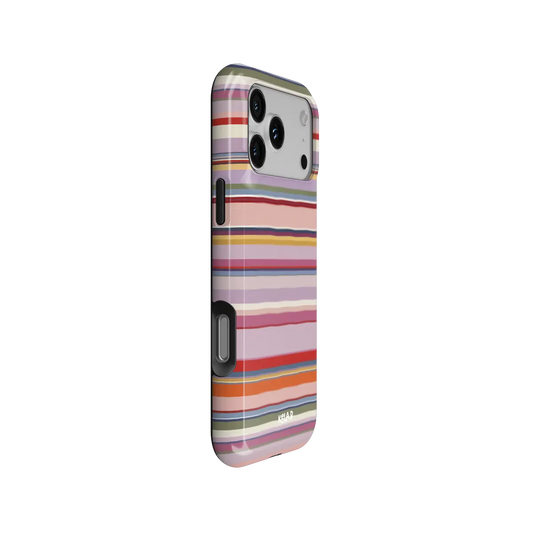 Striped, Multicolor Dusty Boho iPhone Case, side angle view showing precise button cutouts and wraparound edge