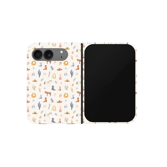 iPhone 18 Fold Tough case, unfolded front view, dusty blue and walnut brown cowboy western print on cream ground