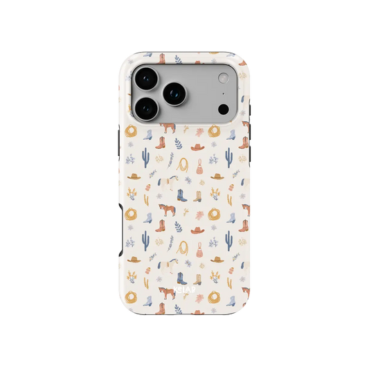 Tough iPhone case, back view with full camera cutout, dusty blue and walnut brown cowboy western print on cream ground