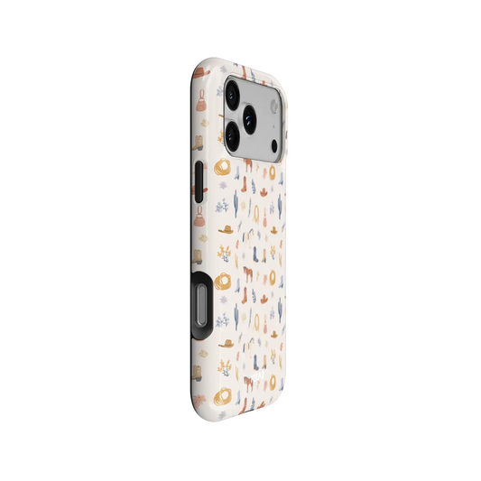 Tough iPhone case, side angle showing button cutouts and full wrap, cream cowboy western print
