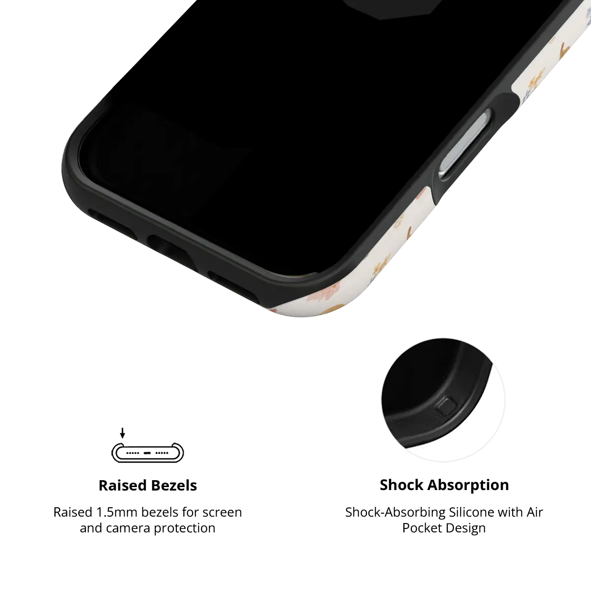 Tough iPhone case, raised bezel and shock-absorbing liner detail, cream cowboy western print