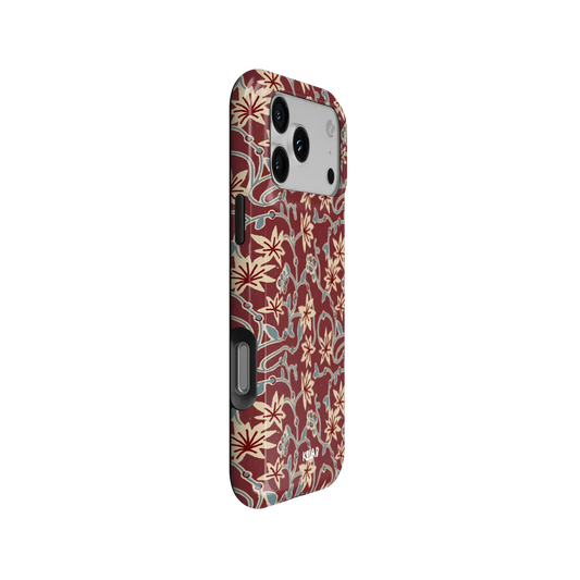 burgundy vine floral print iPhone case in Tough finish – side angle view showing button cutouts and wraparound edge