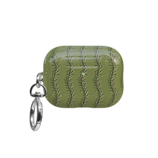 Olive Green Striped airpods pro case front view with closed lid and keychain