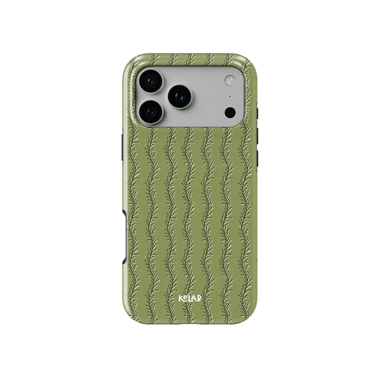 olive green fern-stripe print iPhone case in Tough finish – back view with full camera cutout