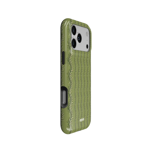 olive green fern-stripe print iPhone case in Tough finish – side angle view showing button cutouts and wraparound edge