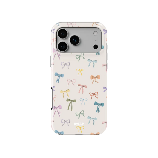 colorful hand-drawn bow print on ivory iPhone case in Tough finish – back view with full camera cutout