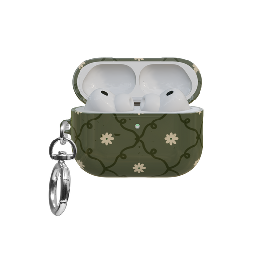 Moss Green Floral airpods pro case front view with open lid and keychain