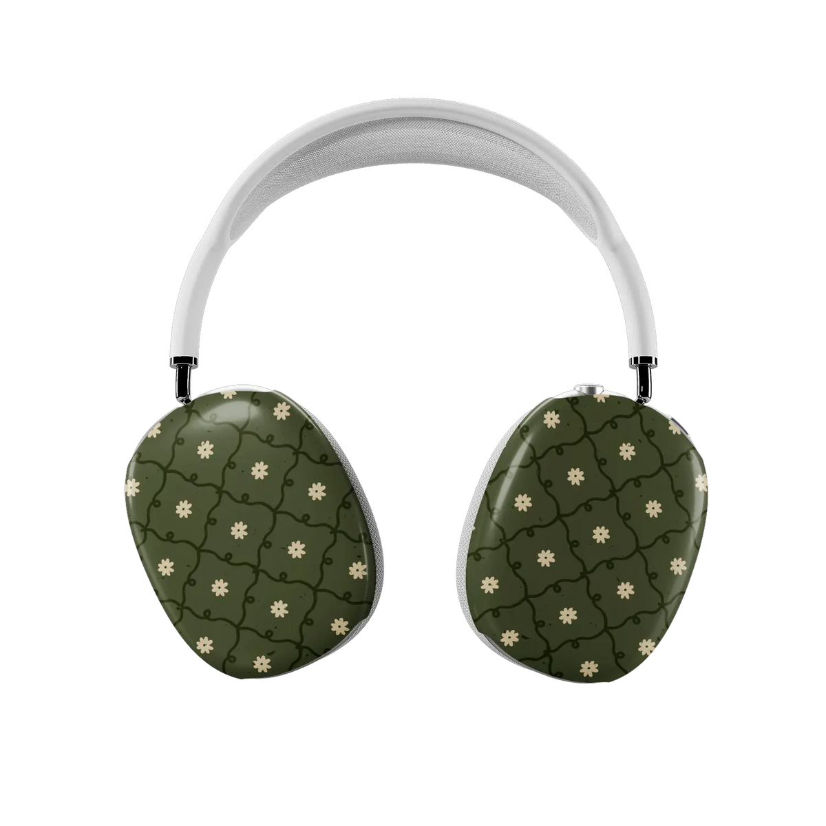 moss green daisy trellis floral print AirPods Max case – front view showing both ear cups