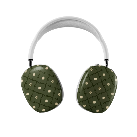 moss green daisy trellis floral print AirPods Max case – front view showing both ear cups