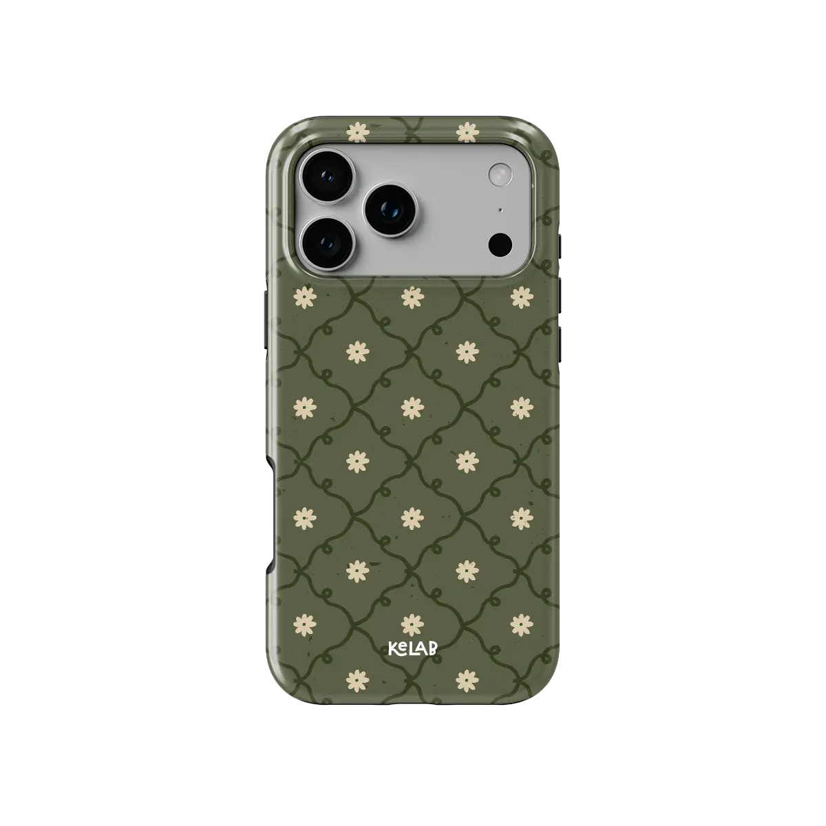 moss green daisy trellis floral print iPhone case, Tough finish – back view with full camera cutout