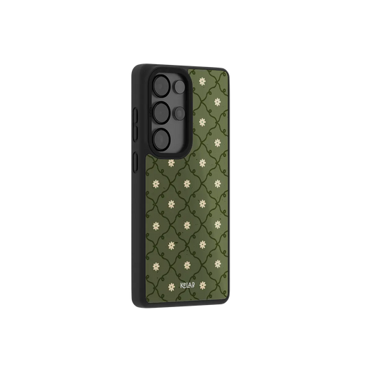 moss green daisy trellis floral print Samsung Galaxy phone case, Bold finish – side angle view showing button cutouts and wraparound edge