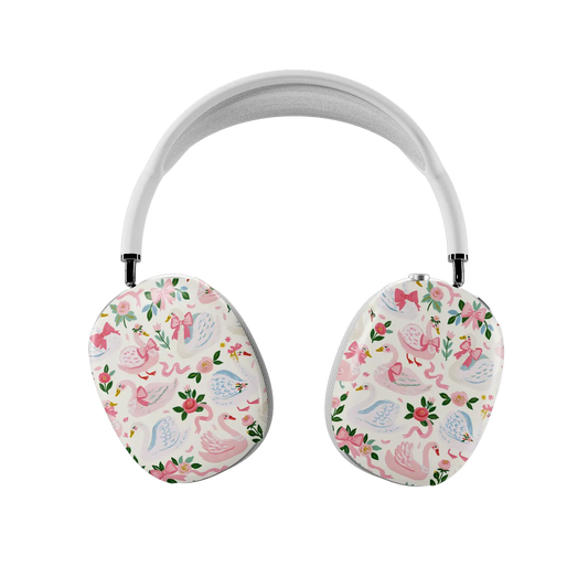 Pink Swan AirPods Max case — front view showing both earcup covers in a pink swan print with bows on cream