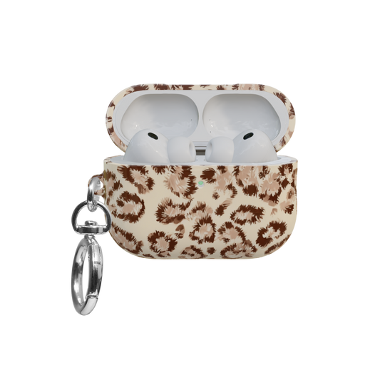 Caramel Cheetah airpods pro case front view with open lid and keychain