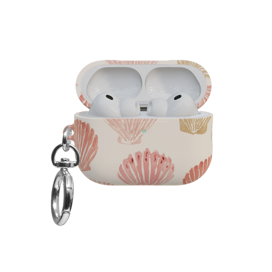 Pink Seashell airpods pro case front view with open lid and keychain