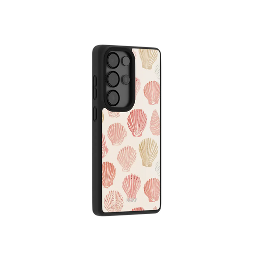 Pink Seashell Samsung case — side angle showing the full body wrap and button cutouts up close