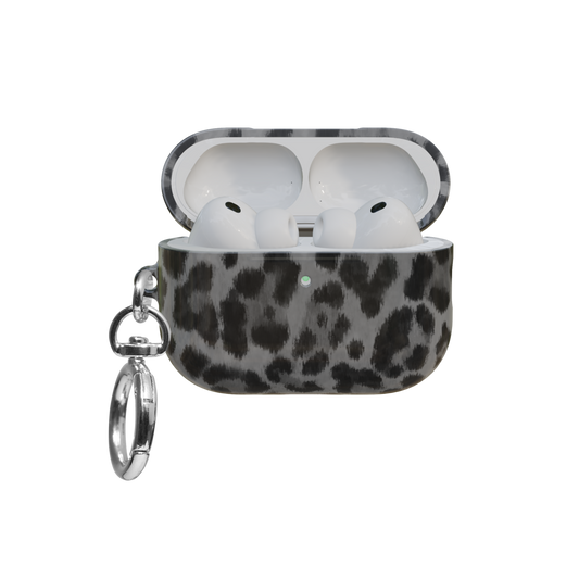 Gray Cheetah airpods pro case front view with open lid and keychain