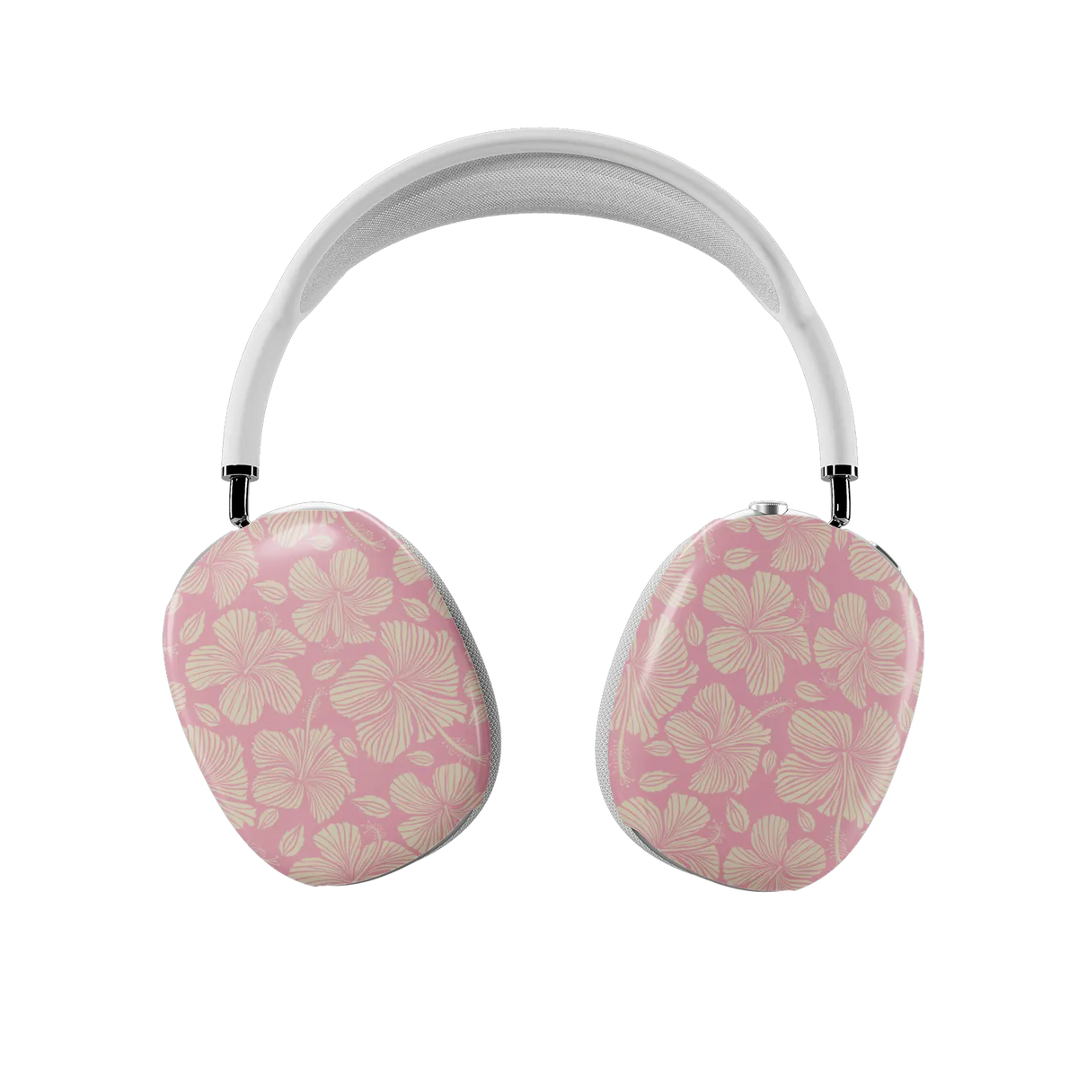 Guava Bloom AirPods Max case — front view of both earcups in dense cream hibiscus on pink