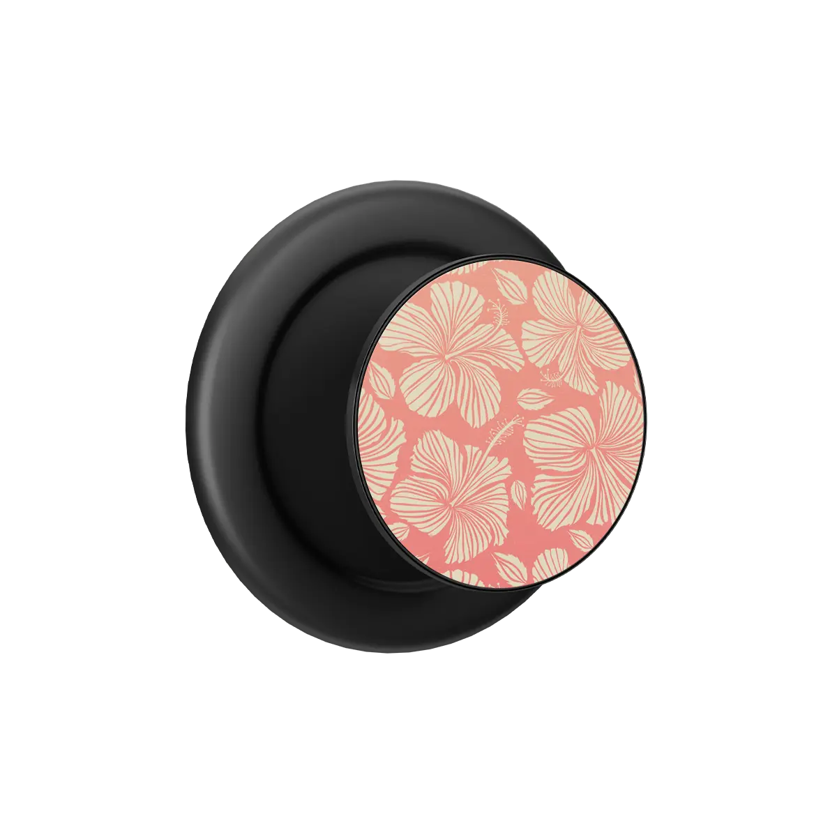 Papaya Glow MagSafe grip — black base, expanded view of the apricot to coral hibiscus disc