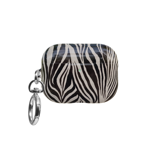 Zebra Stripe airpods pro case front view with closed lid and keychain
