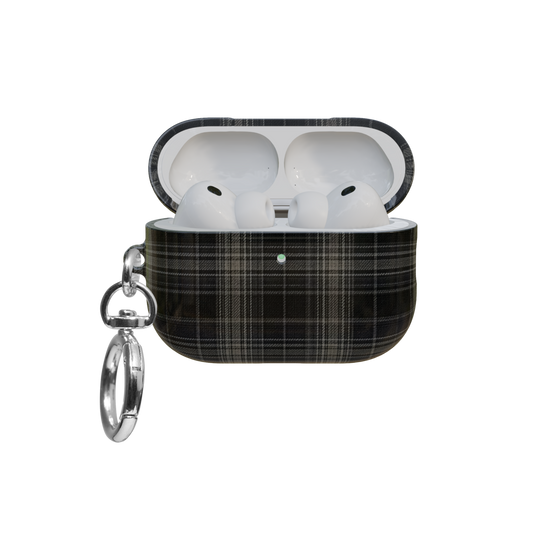 Black Plaid airpods pro case front view with open lid and keychain
