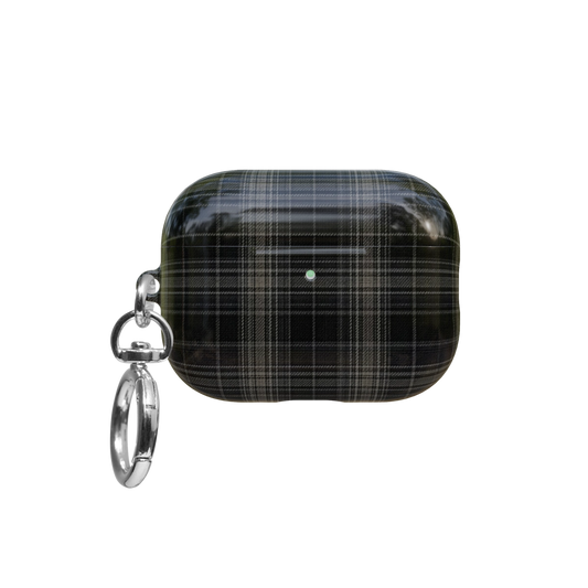 Black Plaid airpods pro case front view with closed lid and keychain