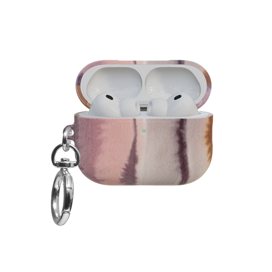 Purple Ombre airpods pro case front view with open lid and keychain